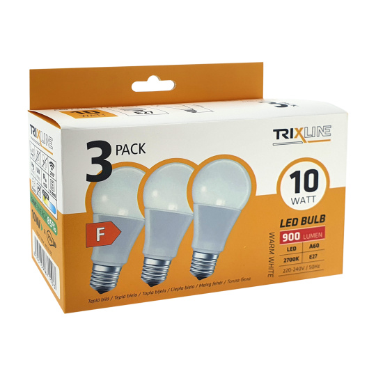 LED žárovka Trixline 10W A60 E27 teplá bílá 3 PACK