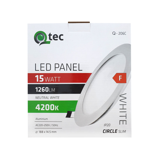 LED panel Qtec Q-206C 15W, kruhový vestavný 4200K