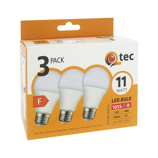LED žárovky 11W/1055lm/A60/E27 teplá bílá 3 PACK Qtec
