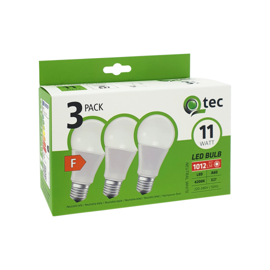 LED žárovky 11W/1012lm/A60/E27 neutrální bílá 3 PACK Qtec