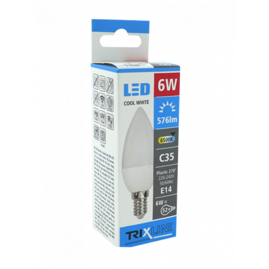 LED žárovka Trixline 6W E14 C35 studená bílá