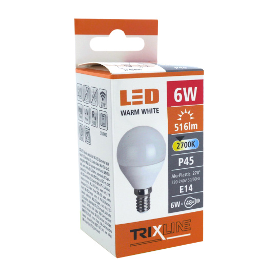 LED žárovka Trixline 6W E14 P45 teplá bílá
