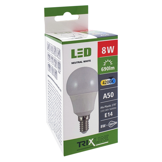 LED žárovka Trixline 8W E14 A50 studená bílá