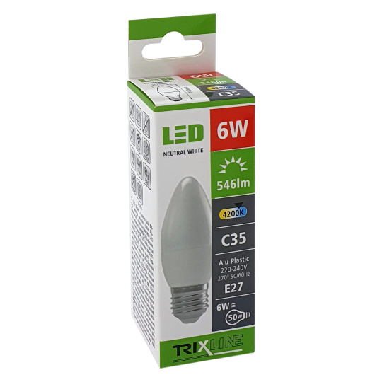 LED žárovka Trixline 6W C35 E27 studená bílá