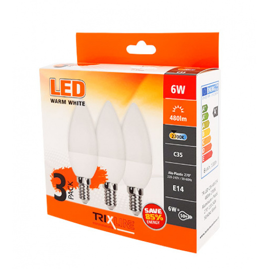 LED žárovka Trixline 6W C35 E14 teplá bílá 3 PACK