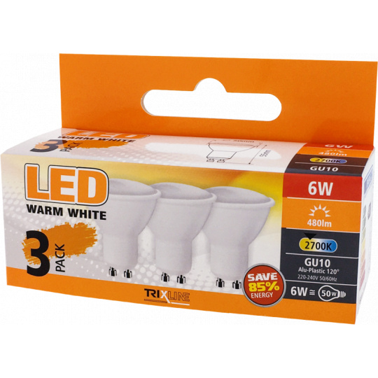 LED žárovka Trixline 6W GU10 teplá bílá 3 PACK
